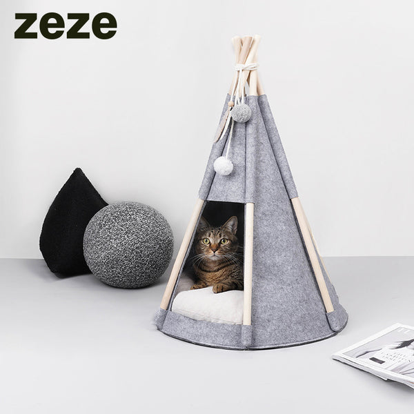 ZEZE Felt Teepee Pet Tent With Cushion Bed