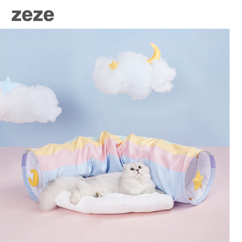 ZEZE Rainbow Cat Tunnel With Cushion Bed