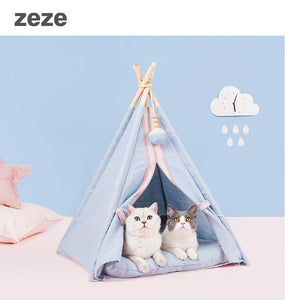 ZEZE Teepee Pet Tent With Cushion Bed - Blue